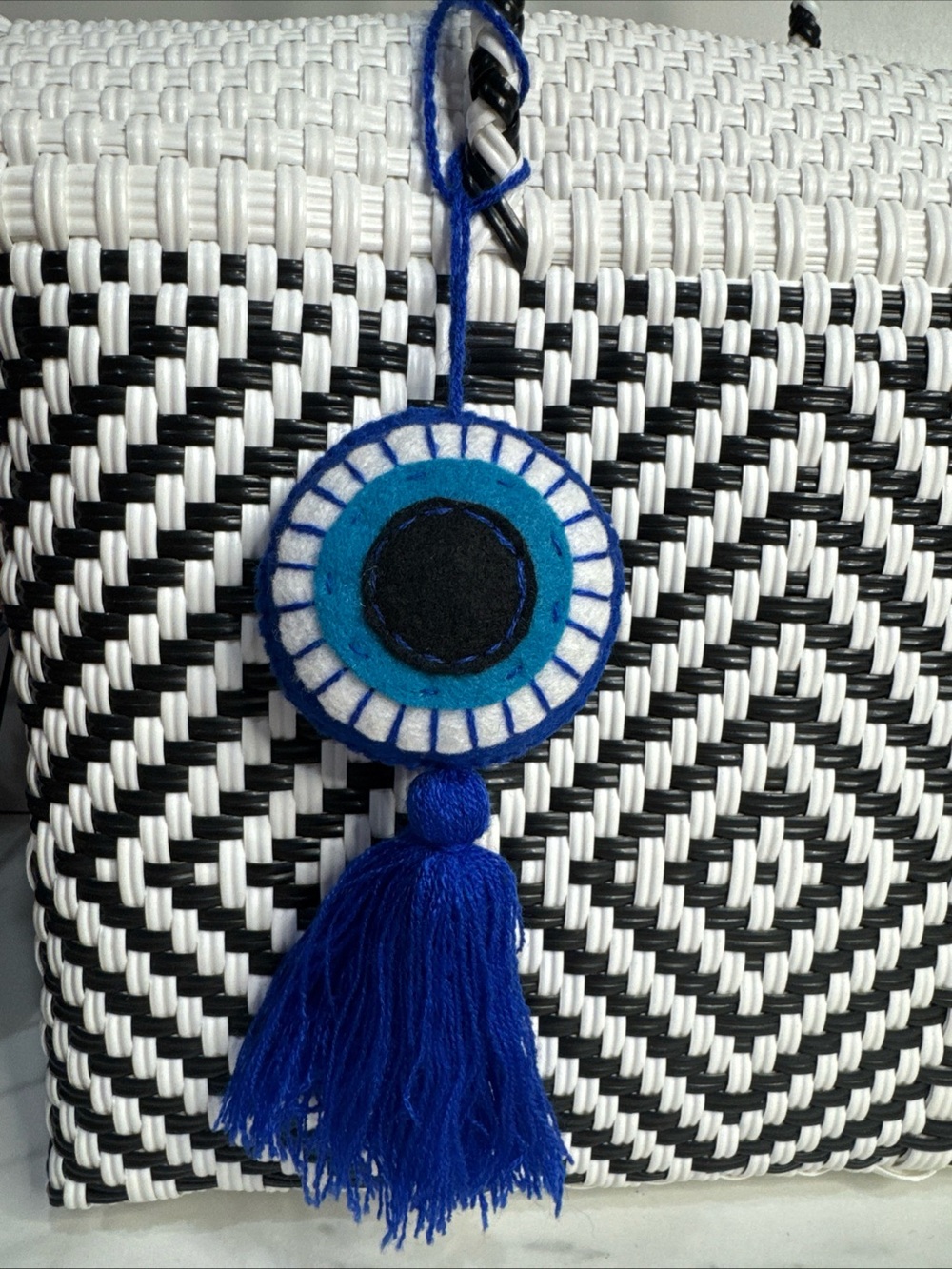 Handmade hand embroiders Evil Eye Tassel Bag Charm blue